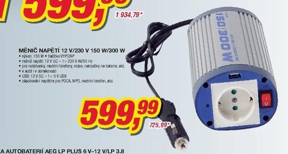 Měnič napětí 12V/230 V 150W/300W