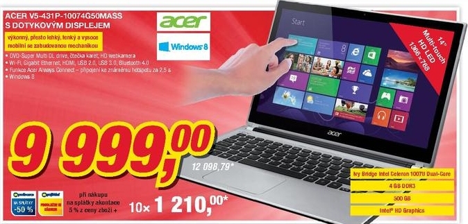 Acer V5 431P 10074G50MASS, notebook s dotykovým displejem