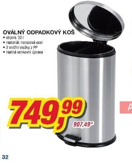 Oválný odpadkový koš, objem 32l