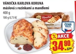 Vanocka maslova s rozinkami a mandlemi karlova koruna