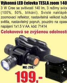 Svítilna čelová TESLA Zoom 140L, celokovová, LED 3W Cree