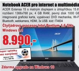 Notebook ACER Extensa 15 (EX2519-P5C0) Pentium N3700 / 4GB+N / 1 TB HDD+N / DVD-RW / 15.6” HD LED /