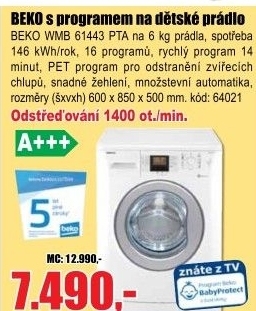 Pračka BEKO WMB 61443 PTA, A+++, 1400ot.