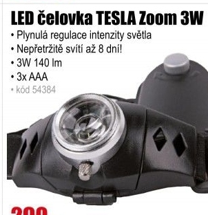 Svítilna čelová TESLA Zoom 3W LED s regulací intenzity