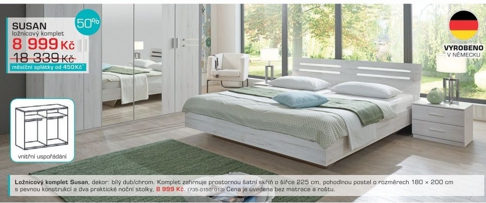 Susan - komplet, postel 180cm (bílý dub, chromové prvky)
