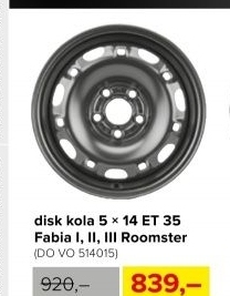 Kompletní plechový disk kola 5Jx14 ET35, Fabia I,II,III