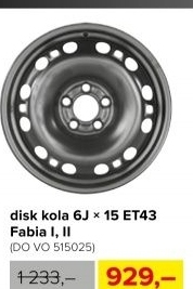 Kompletní plechový disk kola 6Jx15 ET43, Fabia I,II,III