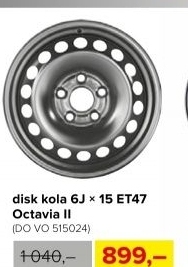 Kompletní plechový disk kola 6Jx15 ET47, Octavia II