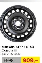 Kompletní plechový disk kola 6Jx15 ET43, Octavia III