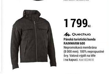 PÁNSKÁ BUNDA RAINWARM 600 NA TURISTIKU TMAVĚ ŠEDÁ