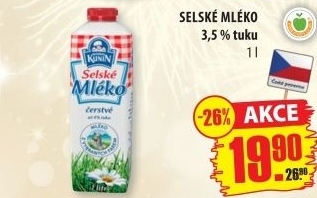 Mléko čerstvé selské Kunín - 3,5% plnotučné