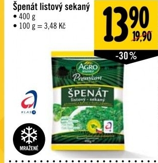 Špenát listový mražený Premium Agro Jesenice