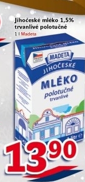 Trvanlivé mléko Jihočeské Madeta -1,5% polotučné