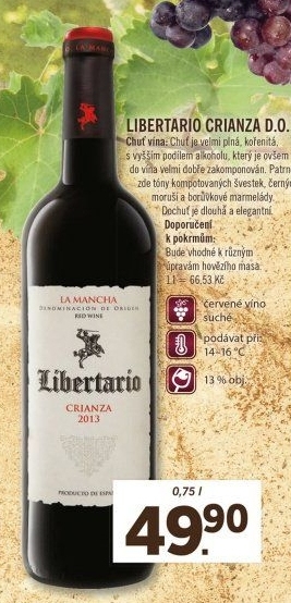 Víno červené Libertario Crianza Do La Mancha