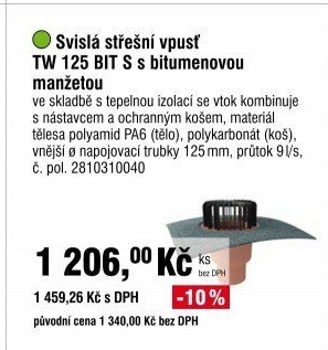 Svislá střešní vpusť TW 125 BIT S s bitumenovou