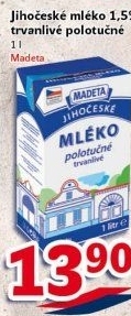 Trvanlivé mléko Jihočeské Madeta -1,5% polotučné
