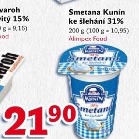Smetana ke šlehání Kunín 31%