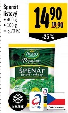 Špenát listový mražený Premium Agro Jesenice