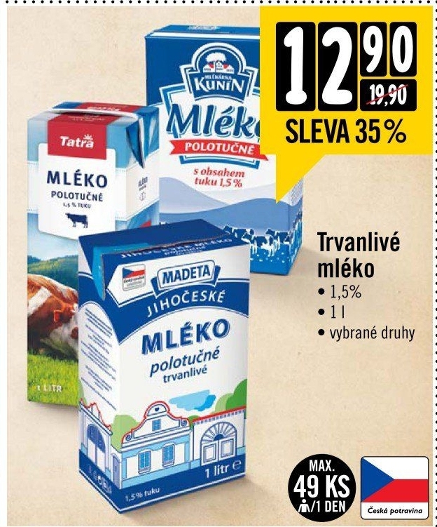 Trvanlivé mléko Kunín - 1,5% polotučné