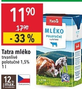 Trvanlivé mléko Tatra - 1,5% polotučné