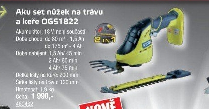 Aku nůžky na trávu a keře OGS1822 Ryobi