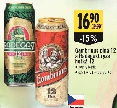 Pivo světlý ležák 12° Plná Gambrinus