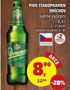 Pivo světlé výčepní 10° Smíchov Staropramen
