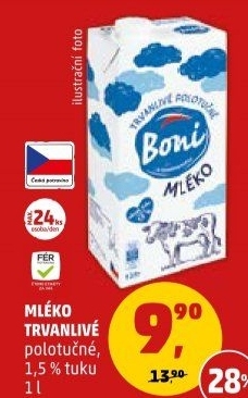 Mléko trvanlivé - 1,5% polotučné