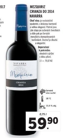 Víno červené Crianza Navarra Mezquiriz