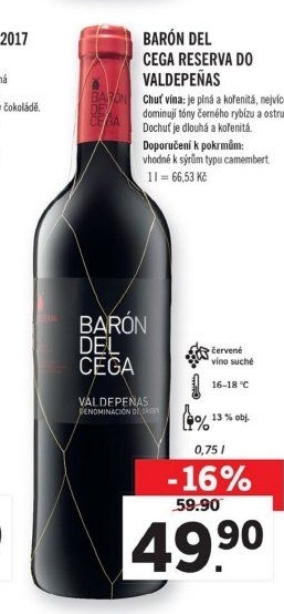 Víno červené Valdepeňas Reserva DO Barón del Cega