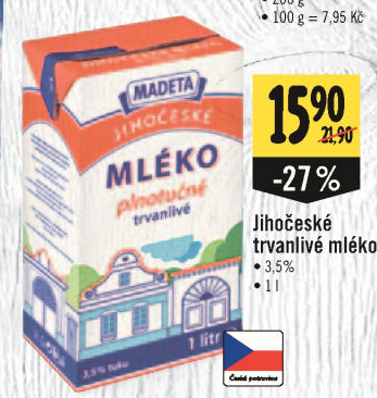Mléko trvanlivé Jihočeské Madeta - 3,5% plnotučné