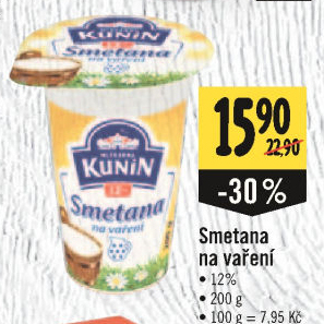 Smetana na vaření Kunín 12%