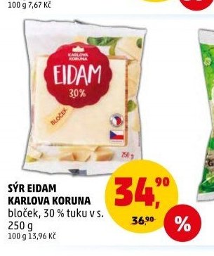 SÝR EIDAM KARLOVA KORUNA bloček 30 % tuku v s. 250 g