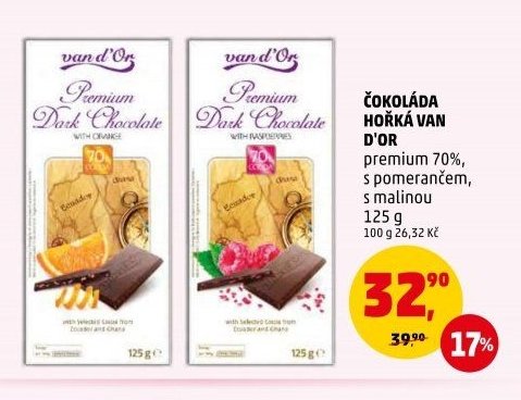 Čokoláda hořká Van D'or premium 70%, s pomerančem, s malinou 125 g