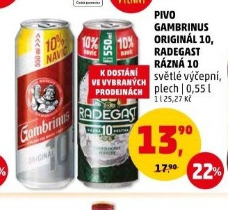 PIVO GAMBRINUS ORIGINÁL 10, RADEGAST RÁZNÁ 10 světle výčepní, plech