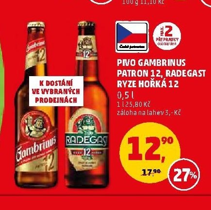PIVO GAMBRINUS PATRON 12, RADEGAST RYZE HORKA 12