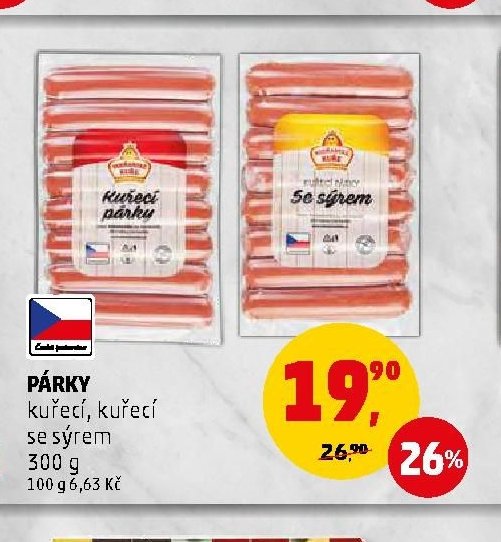 PÁRKY kuřecí, kuřecí se sýrem