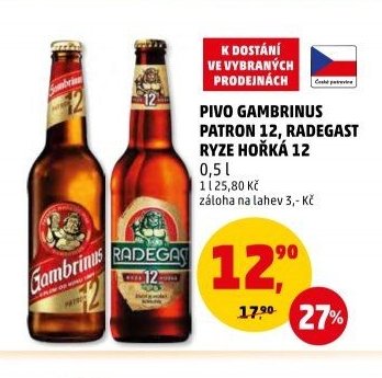 Pivo Gambrinus Patron 12, Radegast Ryze Hořká 12