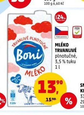 Mléko trvanlivé plnotučné 3,5 % tuku 1 l