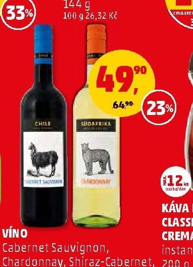 Víno Cabernet Sauvignon, Chardonnay, Shiraz-Cabernet, Sauvignon Blanc