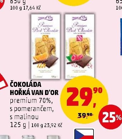 ČOKOLÁDA HOŘKÁ VAN D'OR premium 70%, s pomerančem, s malinou 125 g