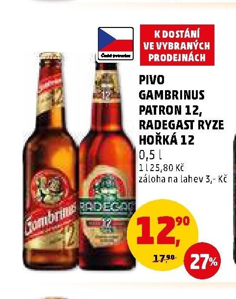 PIVO GAMBRINUS PATRON 12, RADEGAST RYZE HOŘKÁ 12 0,5 l