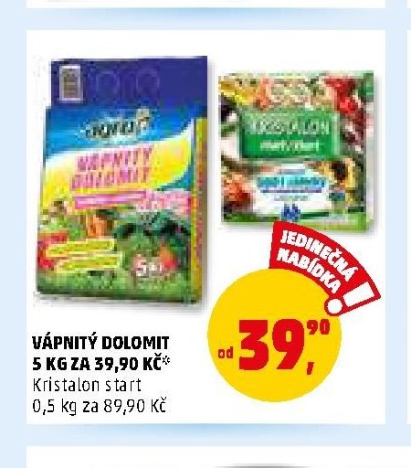 VÁPNITÝ DOLOMIT 5 KG ZA 39,90 KČ, Kristalon start 0,5 kg za 89,90 Kč