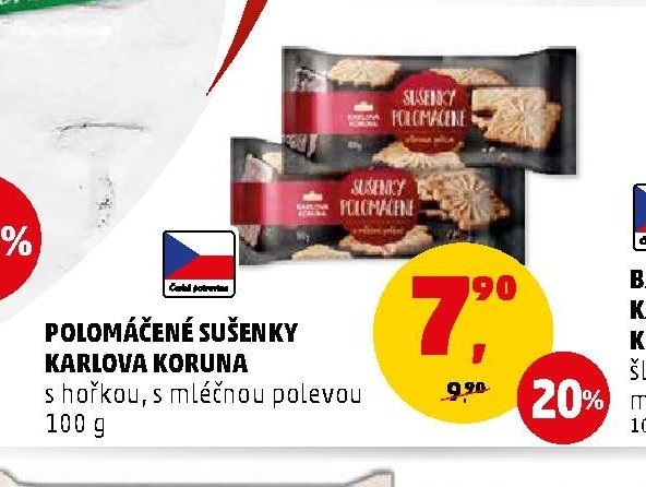 POLOMÁČENÉ SUŠENKY KARLOVA KORUNA s hořkou, s mléčnou polevou 100 g