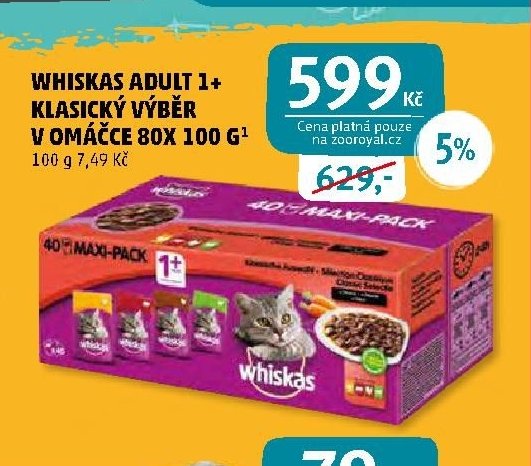 WHISKAS ADULT 1+ KLASICKÝ VÝBĚR V OMÁČCE 80X 100 G