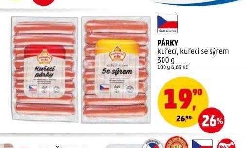 PÁRKY kuřecí, kuřecí se sýrem