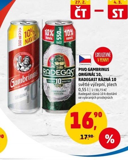 Pivo Gambrinus Originál 10, Radegast Rázná 10