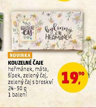 Kouzelné čaje heřmánek, máta, šipek, zelený čaj, zelený čaj s broskví 24-50 g