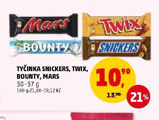 TYČINKA SNICKERS, TWIX, BOUNTY, MARS 50-57 g