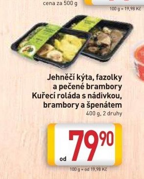 Jehněčí kýta, fazolky a pečené brambory, Kuřecí roláda s nádivkou, brambory a špenátem